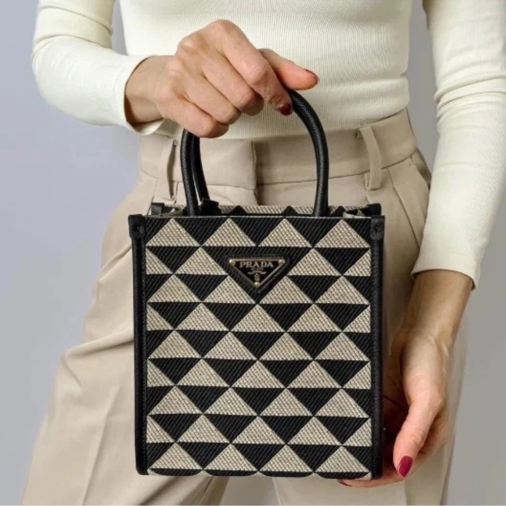 Prada Geometric Black and Cream Tote no shoulder straps